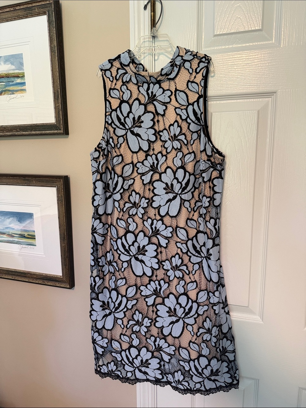 Anthropologie Black Lace Mini Dress with Light Blue Floral Appliqué
